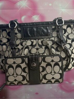 Coach Black and Khaki Signature Canvas Shoulder Bag with Matching Wallet